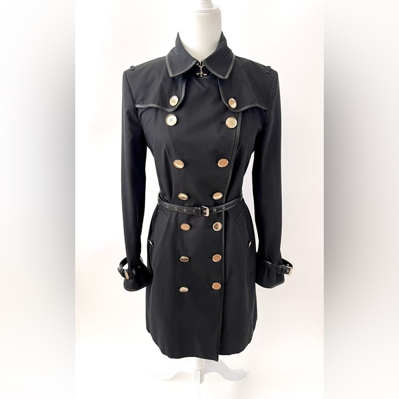 BURBERRY | Black Double-Breasted Cotton Trench Coat Leather Trim Gold Accent 6 - Picture 1 of 12